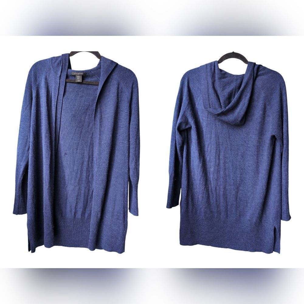 Tahari navy merino wool blend hooded  long cardigan sz M